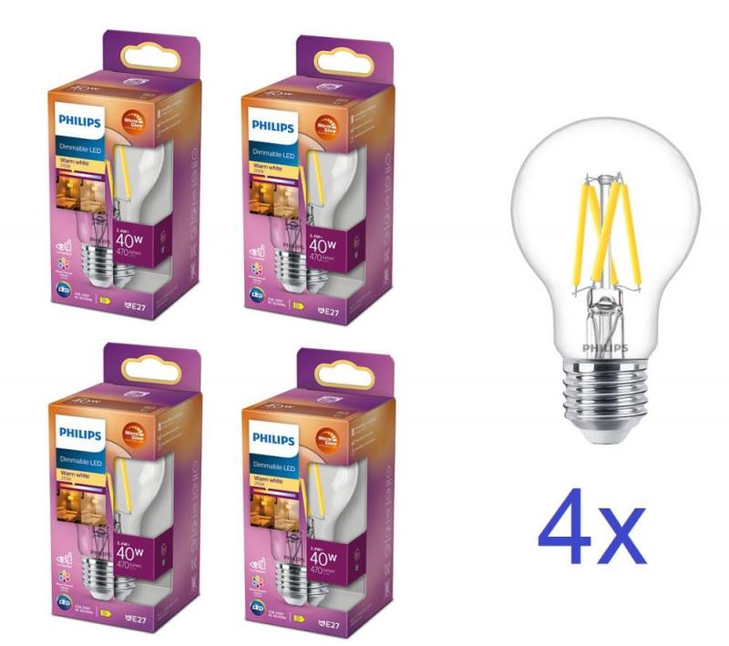 4er Sparset PHILIPS LED Leuchtmittel E27 3,4W = 40W WarmGlow warmweißes Licht mit Dimmfunktion